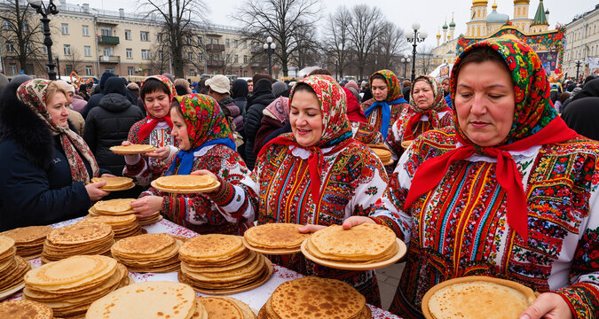 Women with pancakes at the Maslenitsa celebration