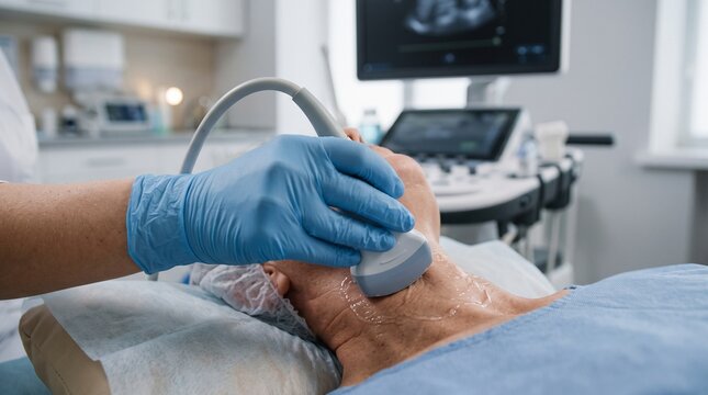 High-end medical photo of a sonographer performing a thyroid ultrasound examination, close-up of gloved hand holding an ultrasound transducer against the patient&rsquo;s neck
