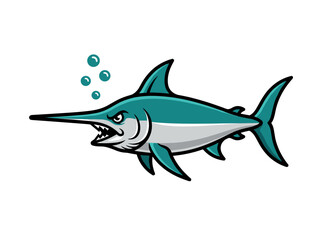 Obraz premium Angry Swordfish Mascot Character Swimming Underwater
