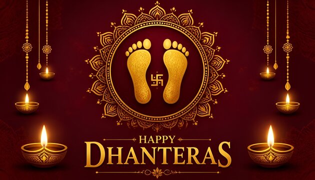 Happy Dhanteras Festival Greeting with decorative elements, dia oil lamp and symbolic footprints of Goddess Maha Laxmi. Indian religious festival Dhanteras, Diwali celebration ...