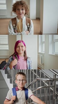 Vertical split screen portrait of Caucasian schoolchildren looking at camera. Suitable for elementary education marketing, school admission reels and back to school advertising, vertical