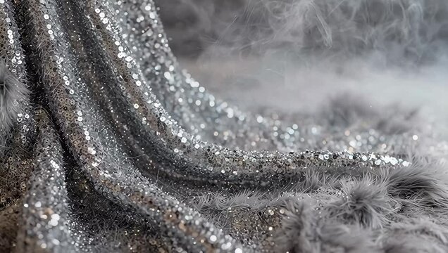Elegant Silver Sequins Flowing Gracefully with Soft Smoke