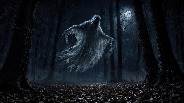 Scary ghost floating in dark misty forest at night with full moon. Spooky phantom apparition in haunted woods. Horror scene for Halloween party, scary story and mystery concept.