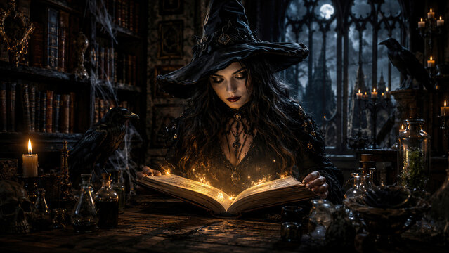 Beautiful woman witch reading glowing spell book in dark gothic library with ravens and candles. Mysterious magic ritual in old castle on Halloween night.