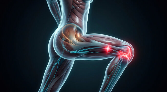 Translucent female sports anatomy with glowing nerve pathways, inflamed knee synovium, hip stabilizers, and pain signals in the lower limb.