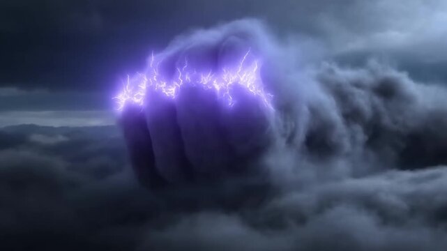 Giant Cloud Fist Charging with Purple Lightning in Dark Storm Sky