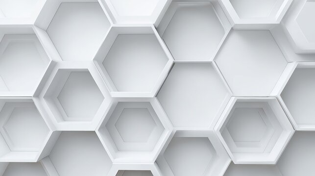 White hexagonal wall tiles arranged in a geometric honeycomb pattern create a modern abstract background with soft natural lighting effects