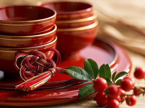 Traditional japanese lacquerware bowls with red mizuhiki knot decoration for New Year