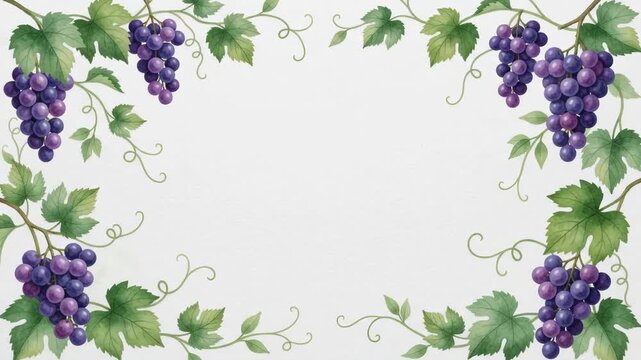Watercolor illustration of purple grapes and green leaves forming a decorative border on a white background, perfect for a vineyard or wine-themed design.