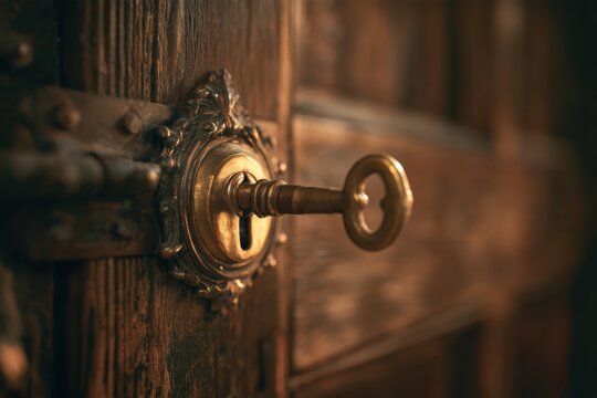 Golden skeleton key inserted into an ornate brass lock on old wooden door