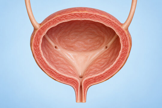Human urinary bladder cutaway with ureters in 3D