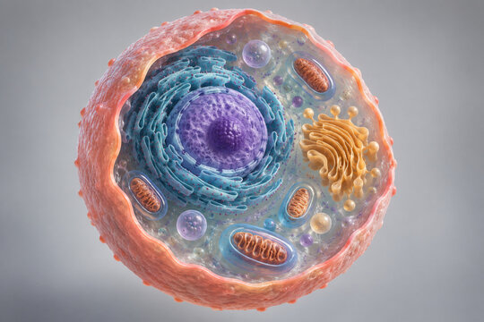 Human cell cutaway with nucleus and organelles in 3D