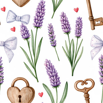 Seamless pattern with lavender flowers, an antique key, a heart,  bow.