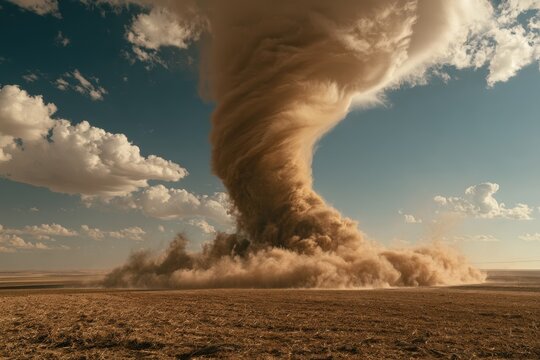 Dust devil spinning a large column of sand and dirt across a dry landscape