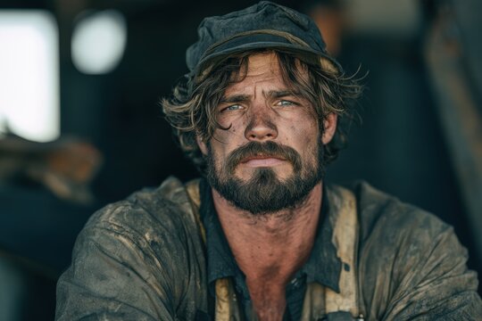 Industrial laborer with a dirty face and beard showing grit