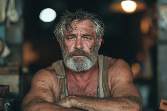 Middle-aged man with beard and dirty face looking directly at camera