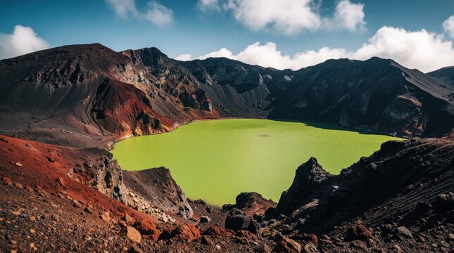 Vibrant green acidic lake fills caldera of dormant volcano. Stark brown and black volcanic slopes contrast with bright blue sky and clouds. Rugged terrain offers dramatic natural beauty.