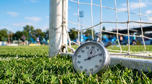 Silver Stopwatch on Grass Pitch by Soccer Goal Post and Net with Stadium Sky in Background Close Up