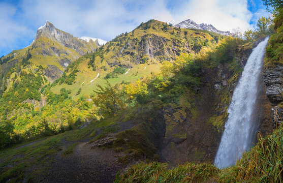 Stuibenfall waterfall Oytal plunges into a gorge. Autumn hike near Oberstdorf, allgau alps