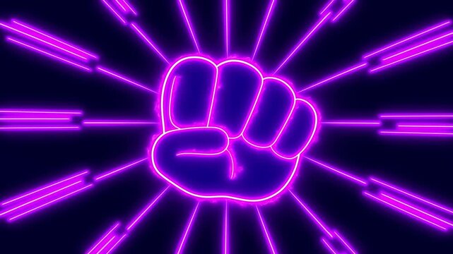 Neon purple clenched fist glowing against dark background with radial light rays
