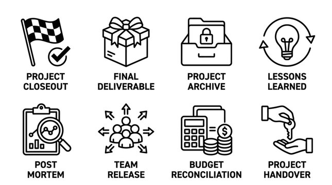 Project closure and post-delivery team release icons for professional business project completion with completion delivery postmortem reconciliation handover business management strategy