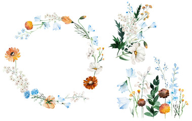 Fototapeta premium Watercolor floral clipart with blue, ivory and orange wildflowers, illustration for wedding stationery