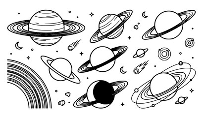 Outer Space Planet Vector Icon Set with Saturn Rings, Stars, Comets, and Moons in Line Art Style for Cosmic Astronomy Designs © Munna
