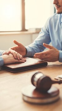 Legal consulting services and client support from professional lawyer, attorney gesturing during legal advice consultation with client at wooden desk with judge gavel in law office background