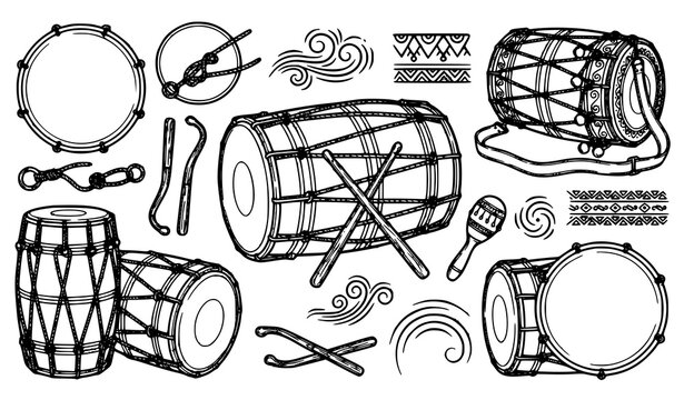 Traditional Indian Percussion Drum Vector Set with Dhol, Dholak, Tabla, and Drumsticks in Line Art Style for Folk Music Deigns