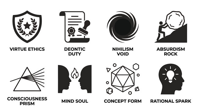 Set of philosophical concept icons representing virtue ethics deontic duty nihilism absurdism consciousness mind form and rational spark with philosophy nihilism absurdism consciousness abstract