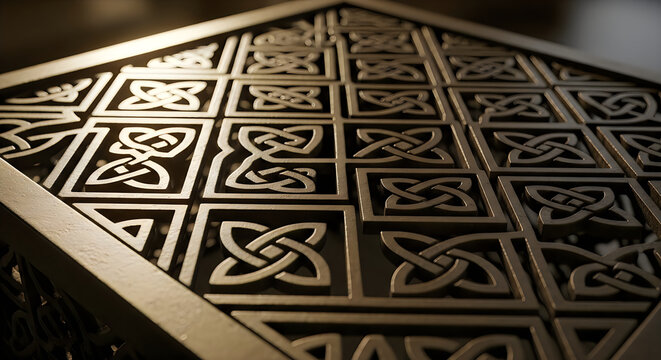 Metallic celtic knot pattern on a dark architectural surface