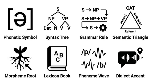 Set of eight linguistics and phonetics icons depicting syntax grammar morphology and language elements with linguistics phonetics morpheme language semantic triangle alphabet communication