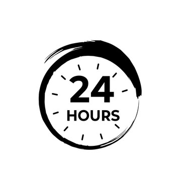 24 hours timer badge icon. Black circular clock label with brush stroke effect. Flat vector illustration for fast delivery, customer service and support.