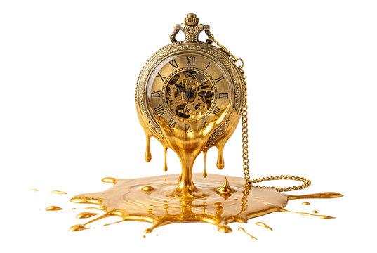 Surreal melting vintage gold pocket watch dripping into a pool of liquid gold isolated