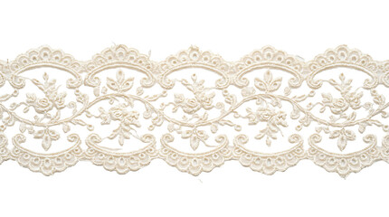 Elegant cream white floral lace trim with intricate embroidery and scalloped edges displaying luxury textile details on transparent background © Hossain