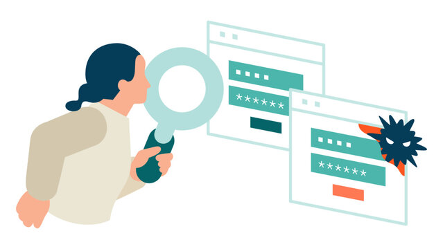 Examining a fake login page URL with a magnifying glass, a careful professional verifies website authenticity to avoid entering credentials on phishing domain
