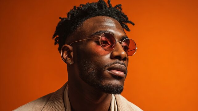 Stylish black man with textured hair wears fashionable circular rose tinted sunglasses while posing against a bold vibrant orange background