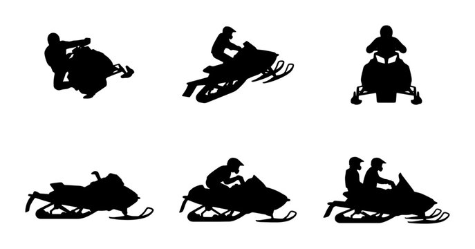 Snowmobile Silhouettes: Action Poses, Winter Sport, Outdoor Adventure Vector Icons