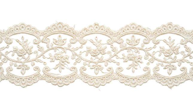 Elegant cream white floral lace trim with intricate embroidery and scalloped edges displaying luxury textile details on transparent background