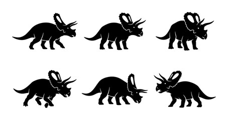 Obraz premium Six Silhouette Triceratops Dinosaur Icons, Prehistoric Reptile Vector Set, Ancient Creature Graphics
