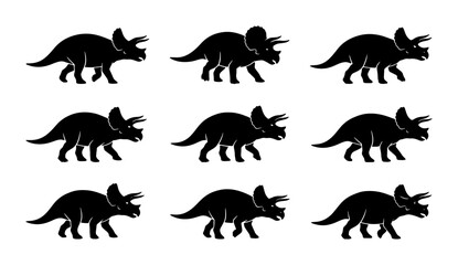 Obraz premium 9 Triceratops Silhouettes, Dinosaur Vector Icons, Prehistoric Creature Graphics for Kids and Education