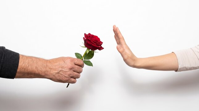 Close up of a man hand offering a red rose while a woman hand makes a stop gesture to reject the romantic gift, concept of unrequited love and relationship conflict isolated on a white background