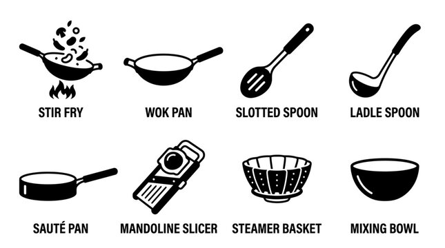 Set of kitchen cookware and food preparation utensils icons with utensils culinary equipment mandoline preparation houseware gastronomy restaurant appliance stainless collection isolated