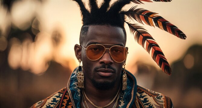 Portrait of African American Man with Dreadlocks and Feathers wearing Sunglasses at Sunset