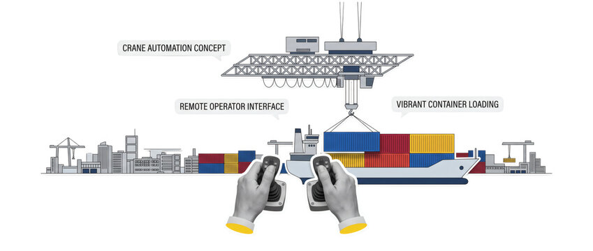 Grayscale hands operating a remote controller beneath a cargo ship and overhead crane diagram for automated container loading, illustrating port automation, isolated on a transparent background.