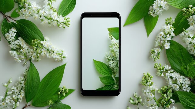 Modern black smartphone display showing fresh white blossoms and green leaves on a clean bright white surface background flat layout