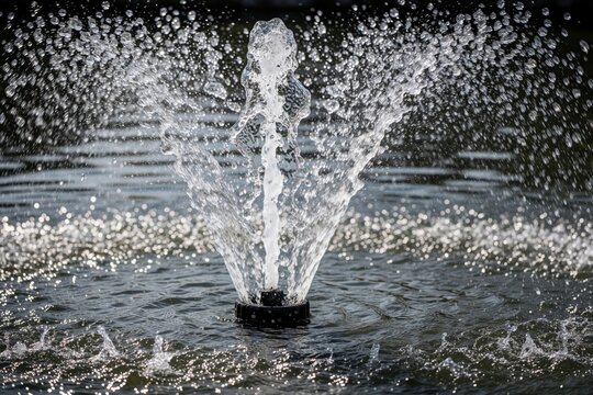 Water streams erupt from fountain nozzle into fine droplets and mist. Sunlight reflects off wet surface, creating bokeh effect in garden pond. Dynamic motion captures liquid art.