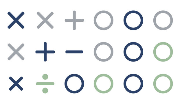 Minimalist grid pattern with blue, grey, and green math symbols like cross, plus, minus, and circles.