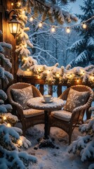 Obraz premium Snowy balcony with chairs table and coffee. Warm lights glow on outdoor patio with fir trees. Cozy winter evening at home invites relaxation.