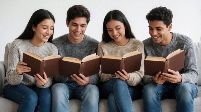 Four young people sit together reading books, sharing a quiet moment of enjoyment and learning. They smile while engaged with their stories in a cozy indoor setting.